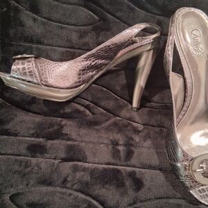 Carlos by Carlos Santana Silver Slingback Heels with Peep-Toe